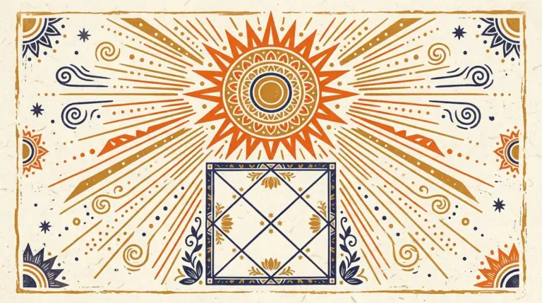 Minimalist block print graphic of the Sun symbol representing vitality in Vedic astrology.