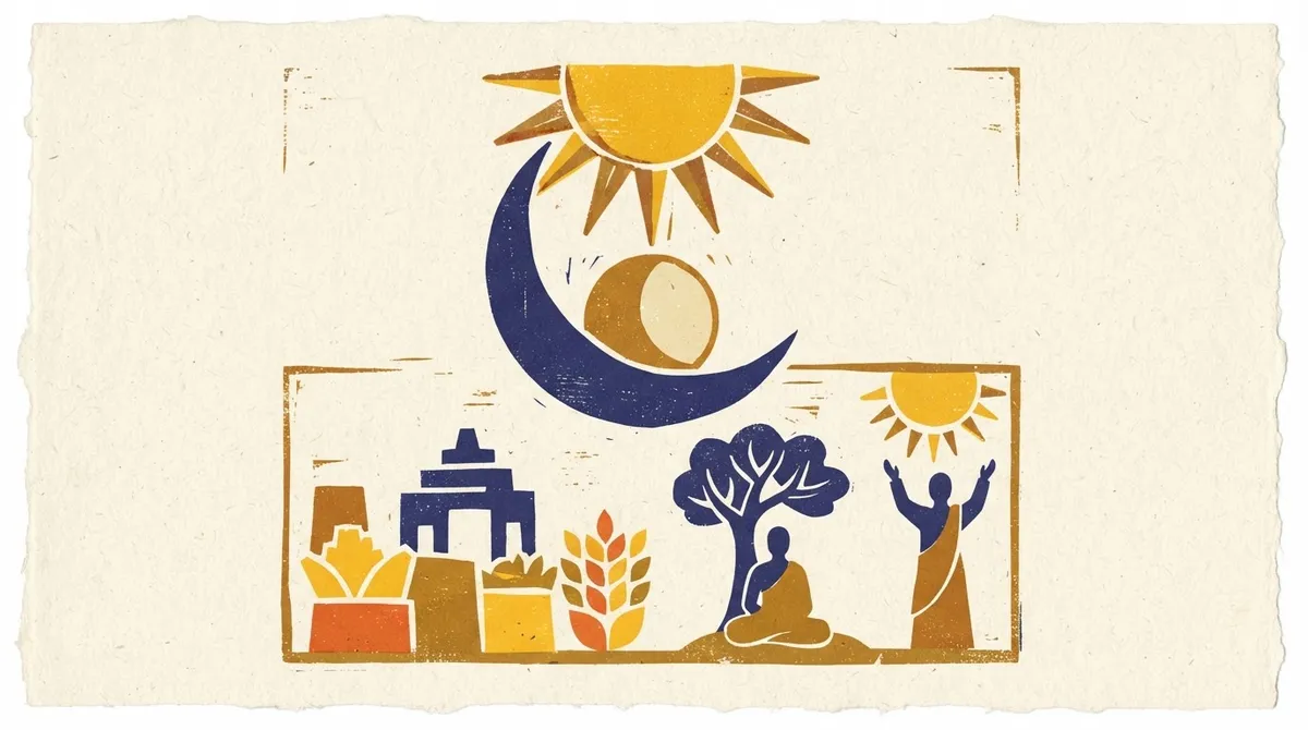 A minimalist block-print style image of the sun and surrounding planetary symbols.
