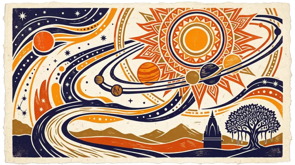 A minimalist block-print style image of the sun and surrounding planetary symbols.