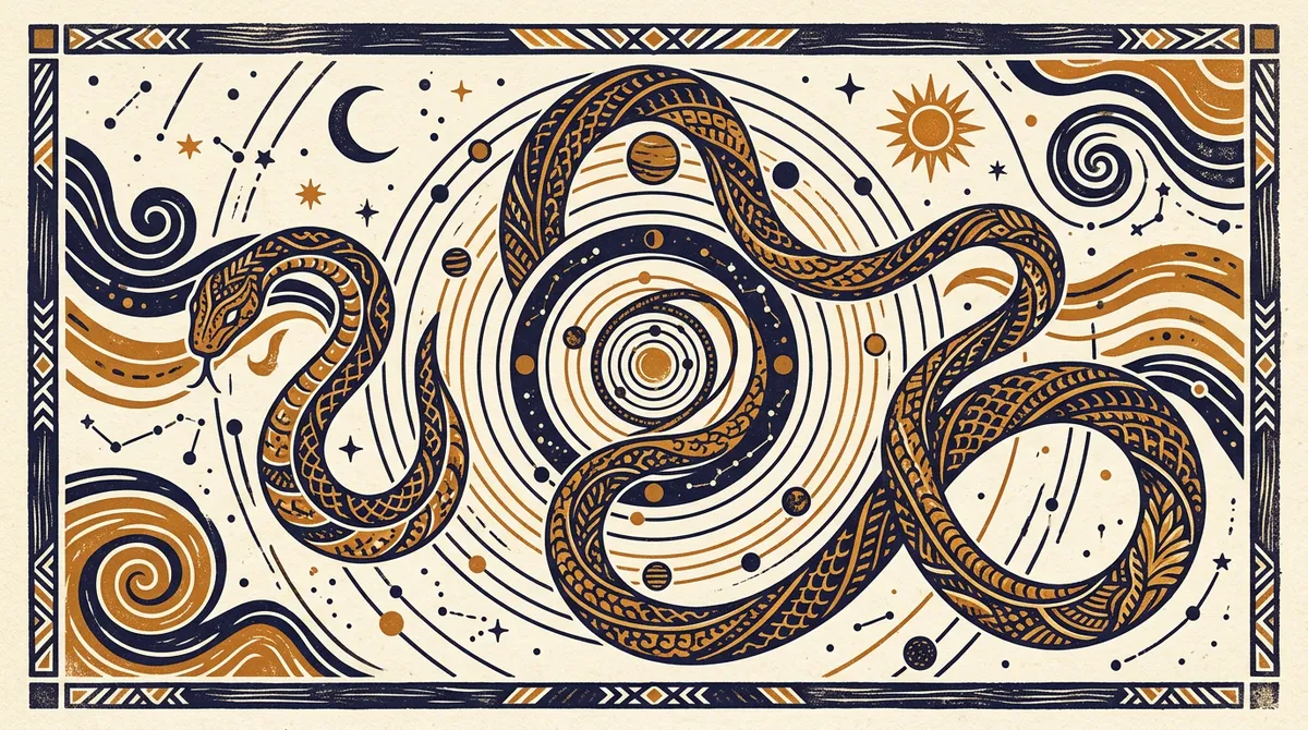 A stylized block-print of a serpent representing the Takshak theme in Vedic astrology.