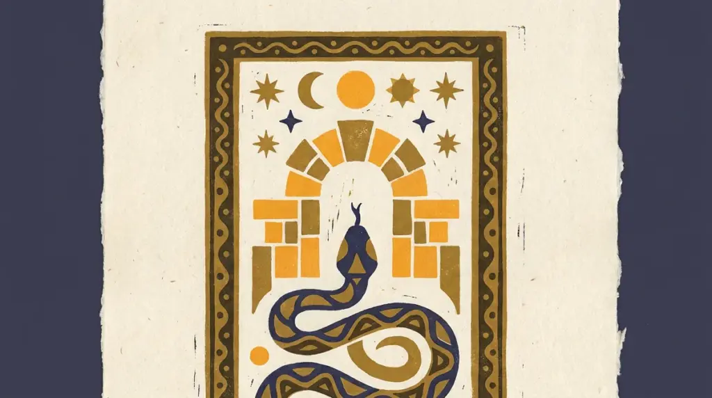 A stylized block-print of a serpent representing the Takshak theme in Vedic astrology.