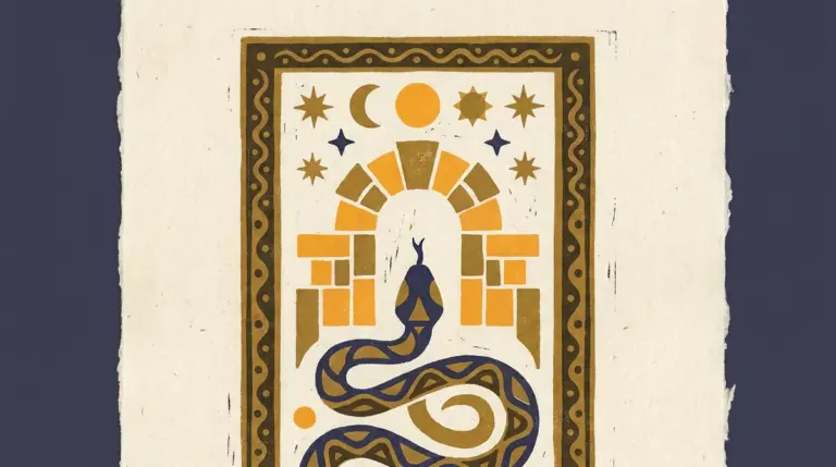 A stylized block-print of a serpent representing the Takshak theme in Vedic astrology.