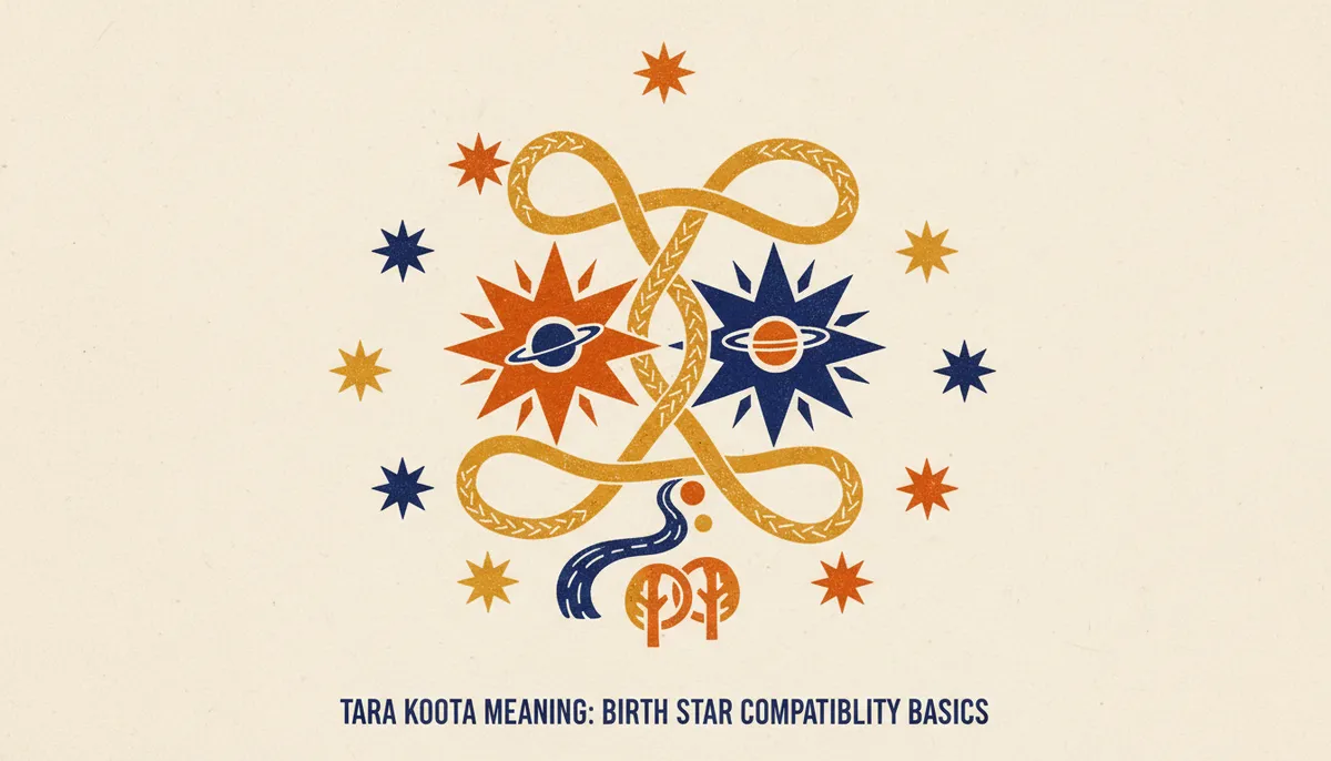 A minimalist block-print style graphic showing two stars connected by a wave pattern.