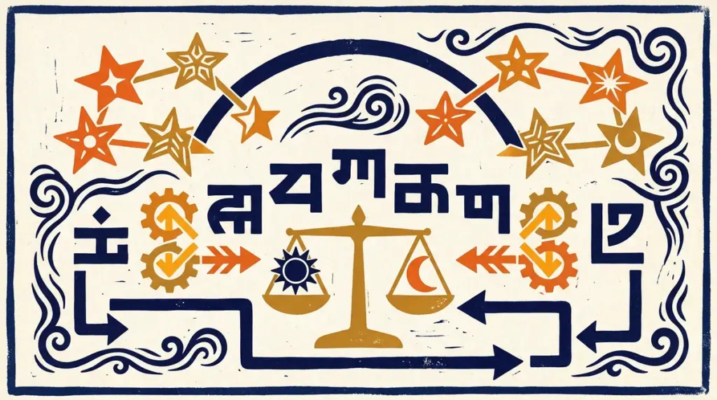 A minimalist block-print style graphic showing two stars connected by a wave pattern.