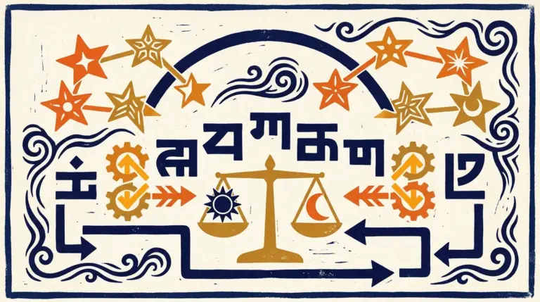 A minimalist block-print style graphic showing two stars connected by a wave pattern.