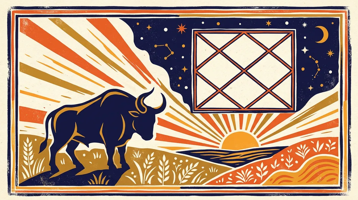 A simple block-print style bull illustration representing the Taurus sign.