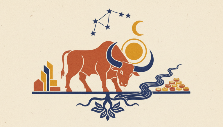 A minimalist block-print illustration showing a stylized bull silhouette set against a serene, circular background representing the Moon.