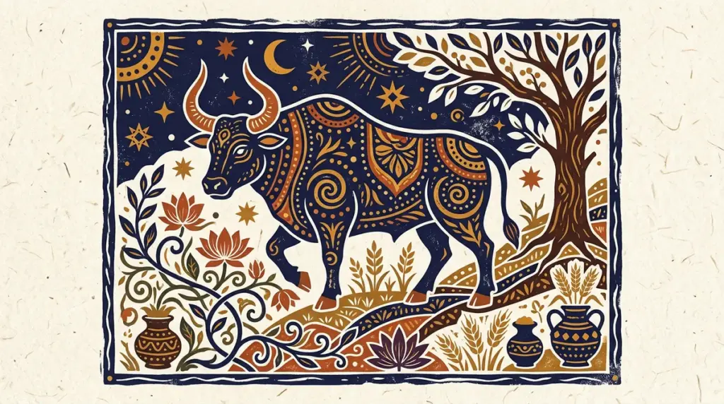 A minimalist block-print of a bull standing peacefully under a crescent moon.
