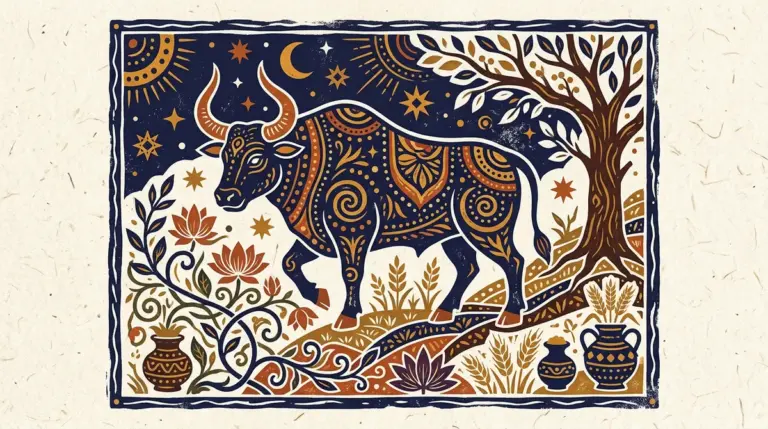 A minimalist block-print of a bull standing peacefully under a crescent moon.