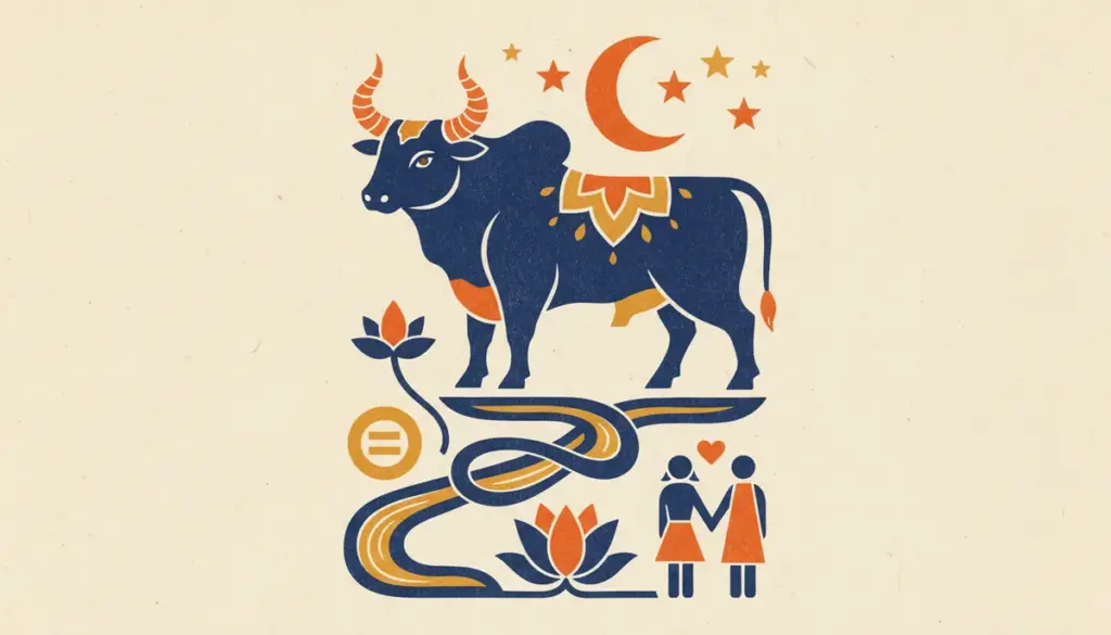 A simple, flat block-print illustration showing a peaceful Taurus bull resting in a quiet, serene garden setting.