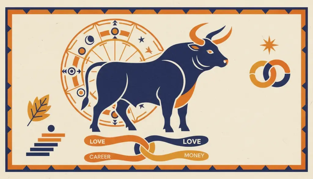 A minimalist block-print illustration of a bull, representing the steady and grounded nature of Taurus.