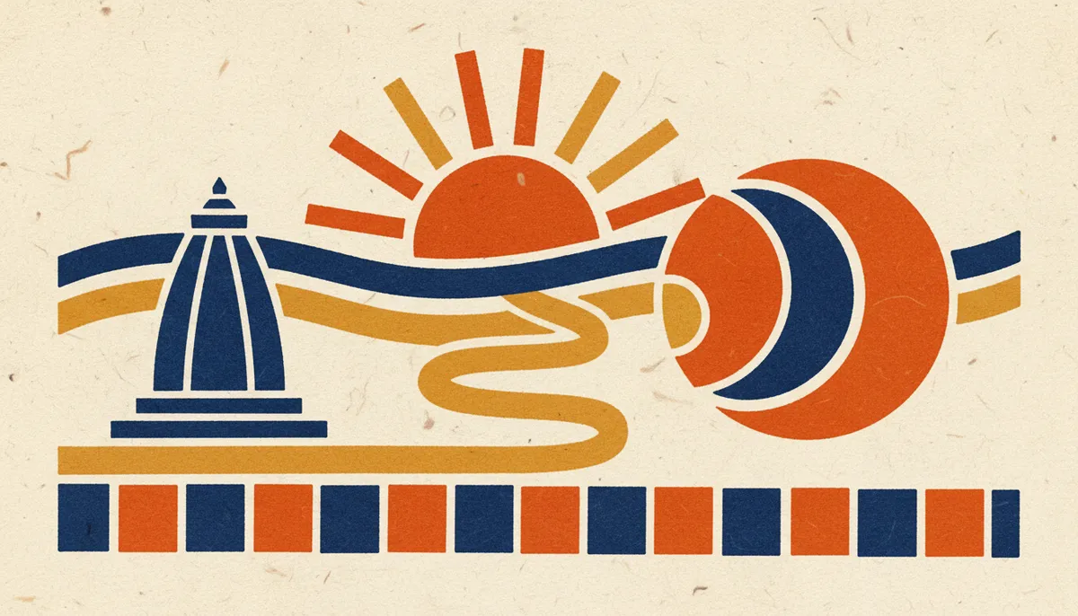 A minimalist block-print illustration showing the sun and moon meeting on the horizon.