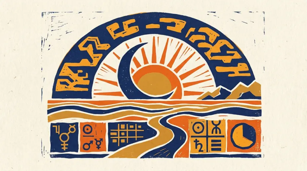 A minimalist block-print illustration showing the sun and moon meeting on the horizon.