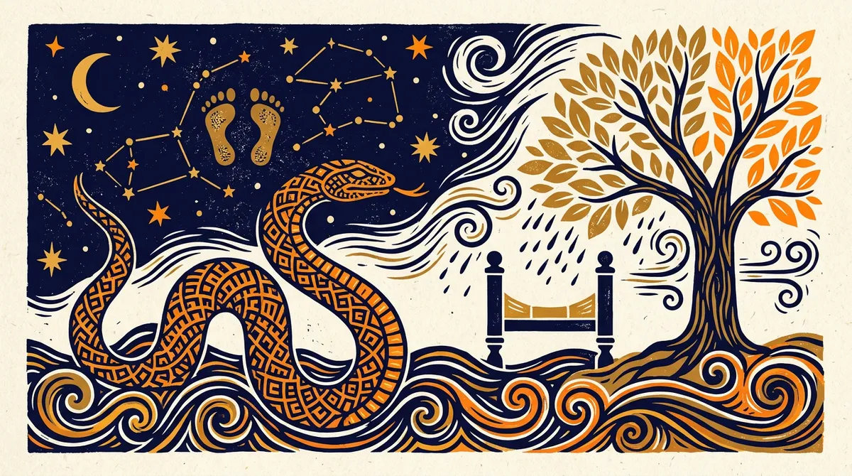 A symbolic block-print illustration showing rain clouds and a serpent, representing the energy of Uttara Bhadrapada.