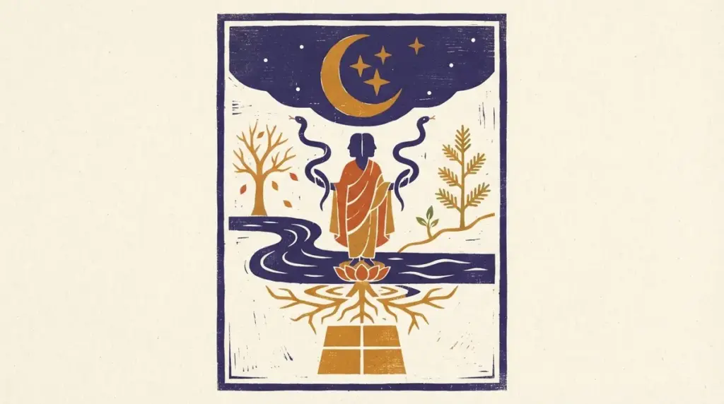 A symbolic block-print illustration showing rain clouds and a serpent, representing the energy of Uttara Bhadrapada.