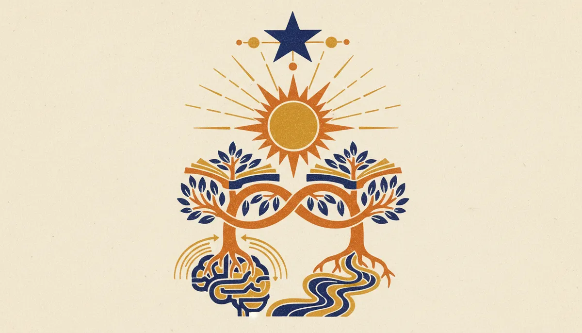 Block-print illustration of a serene study space with scrolls and solar motifs in saffron and indigo tones