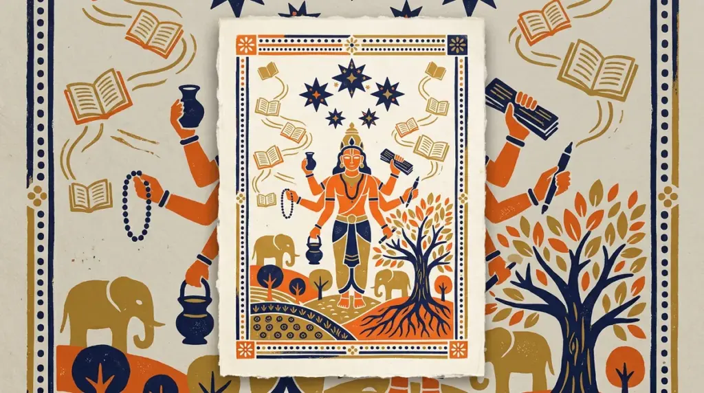 Block-print illustration of a serene study space with scrolls and solar motifs in saffron and indigo tones
