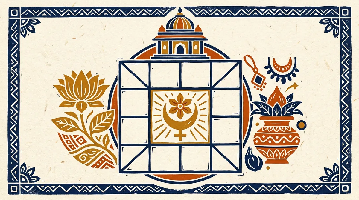 A stylized lotus flower in a block-print art style.