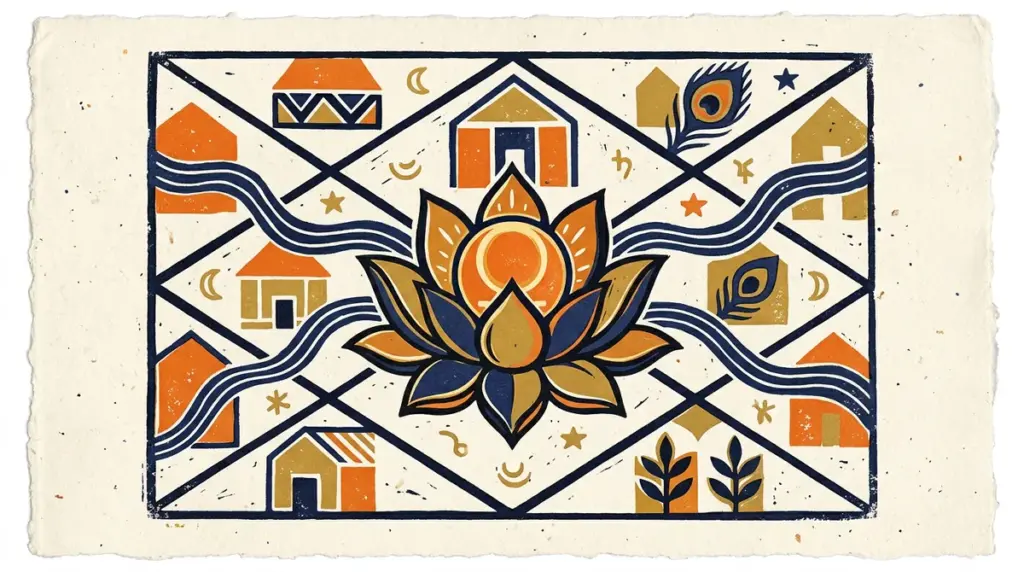 A stylized lotus flower in a block-print art style.