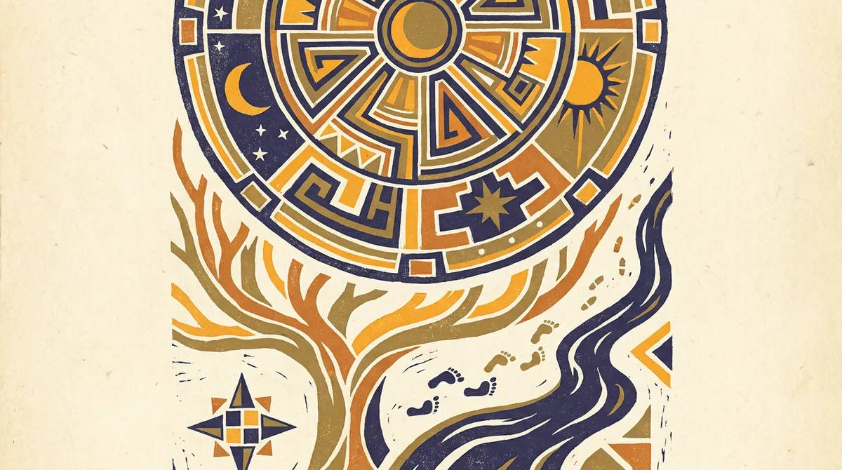 A minimalist block-print style illustration of a nine-segment cycle wheel on aged paper.