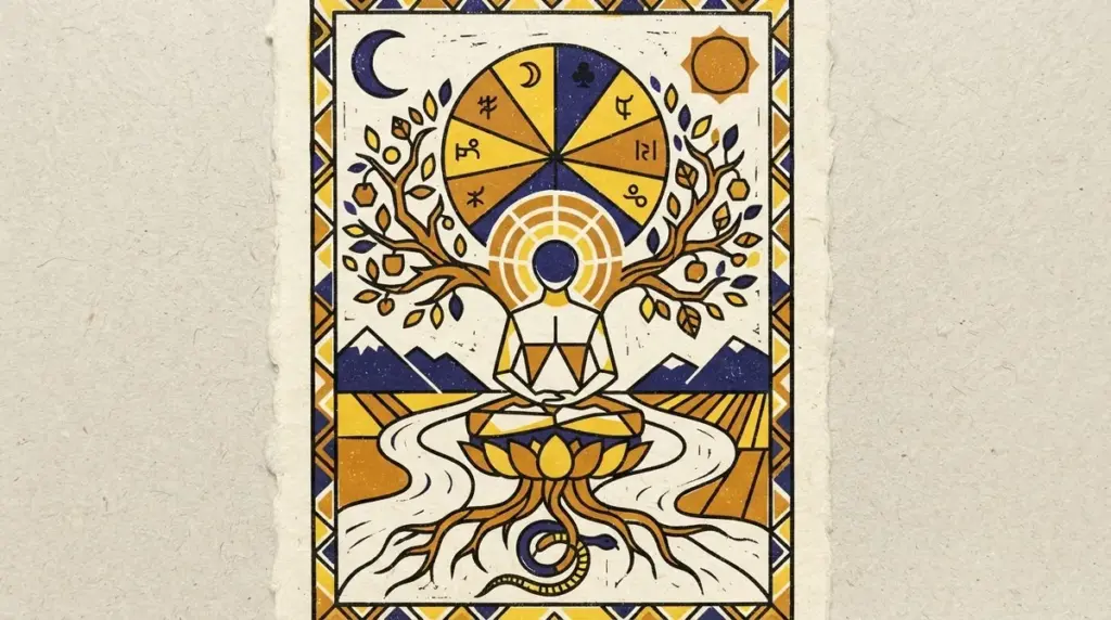 A minimalist block-print style illustration of a nine-segment cycle wheel on aged paper.