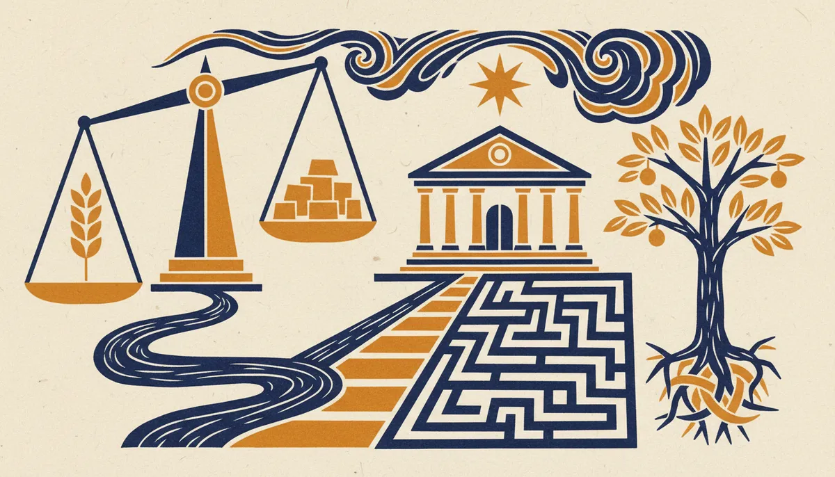 Abstract block-print style illustration in saffron and indigo representing peaceful astrological balance.