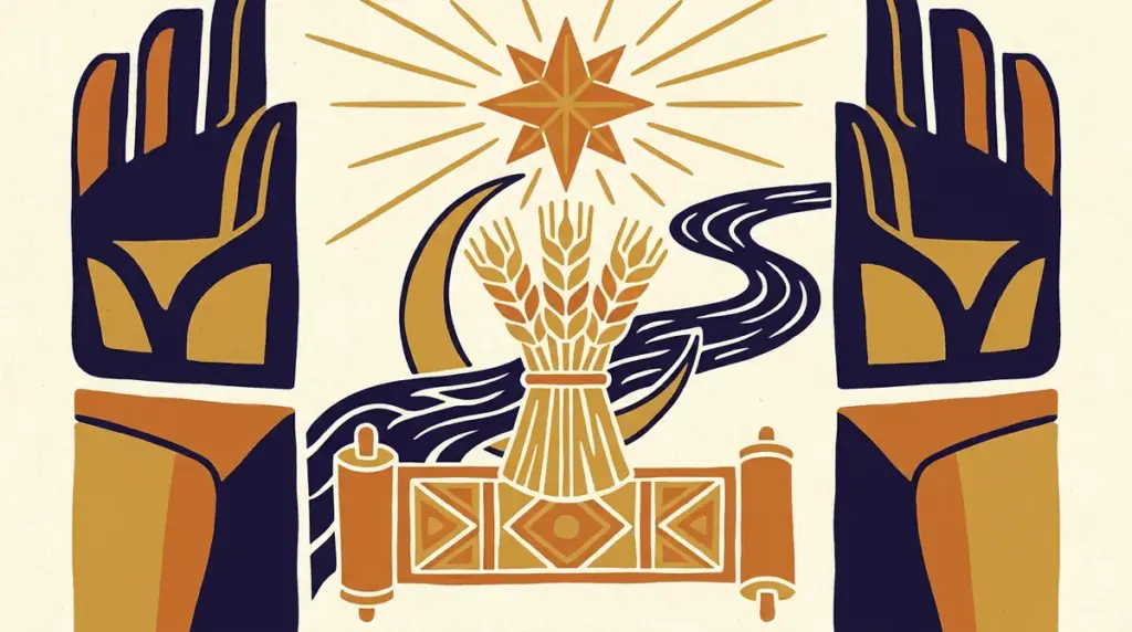 Abstract block-print style illustration in saffron and indigo representing peaceful astrological balance.