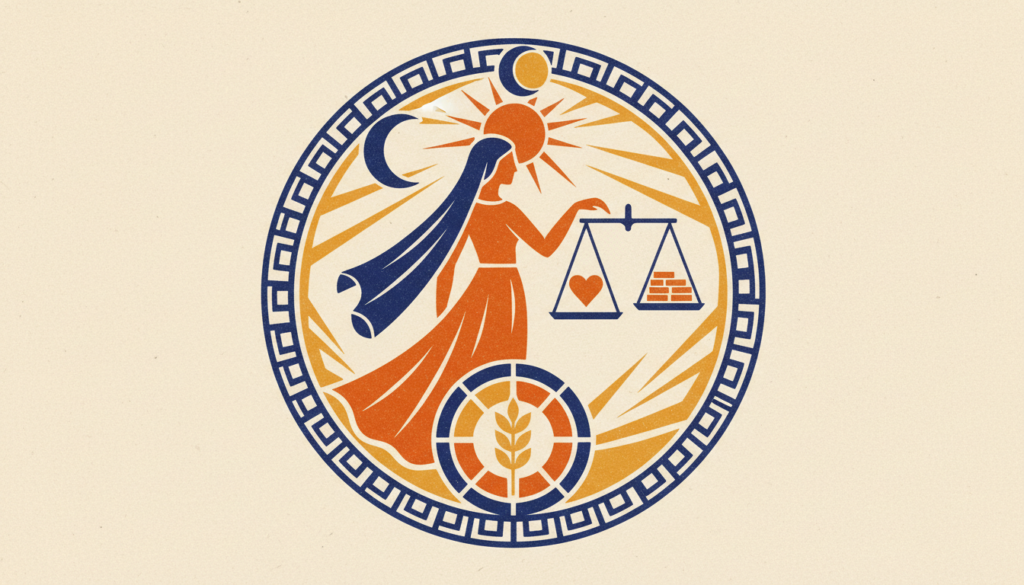 A minimalist block-print illustration showing a balanced scale, representing the focus on partnerships and harmony.