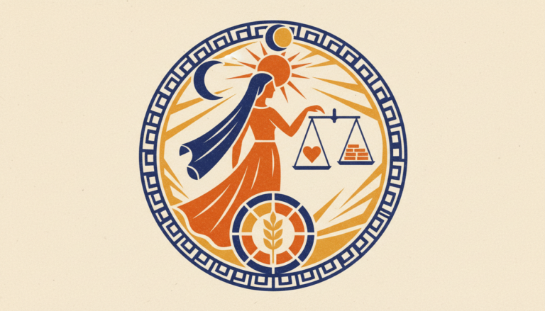 A minimalist block-print illustration showing a balanced scale, representing the focus on partnerships and harmony.