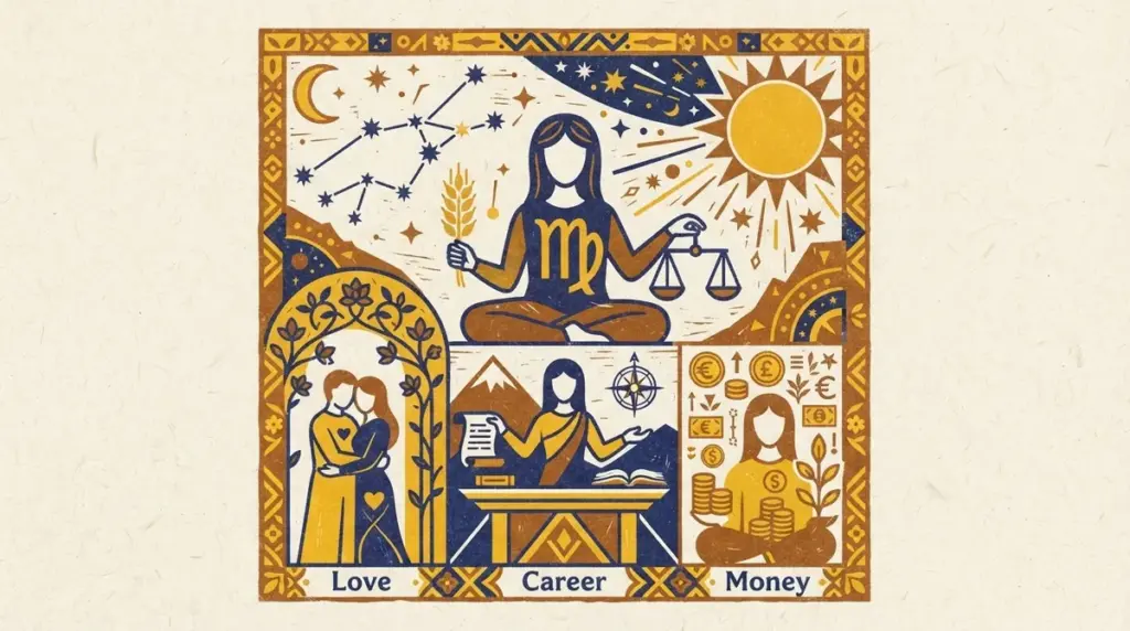 A minimalist block-print illustration of a balanced scale representing the steady nature of Virgo.
