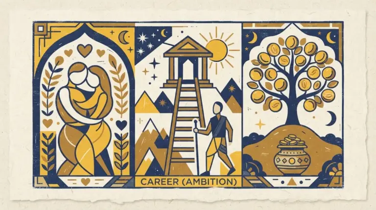 A minimalist block-print style illustration featuring a stylized Virgo symbol surrounded by soft geometric patterns.