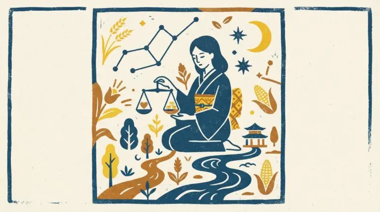 A flat block-print illustration showing a stylized Virgo figure surrounded by symbolic geometric patterns of leaves and stars.