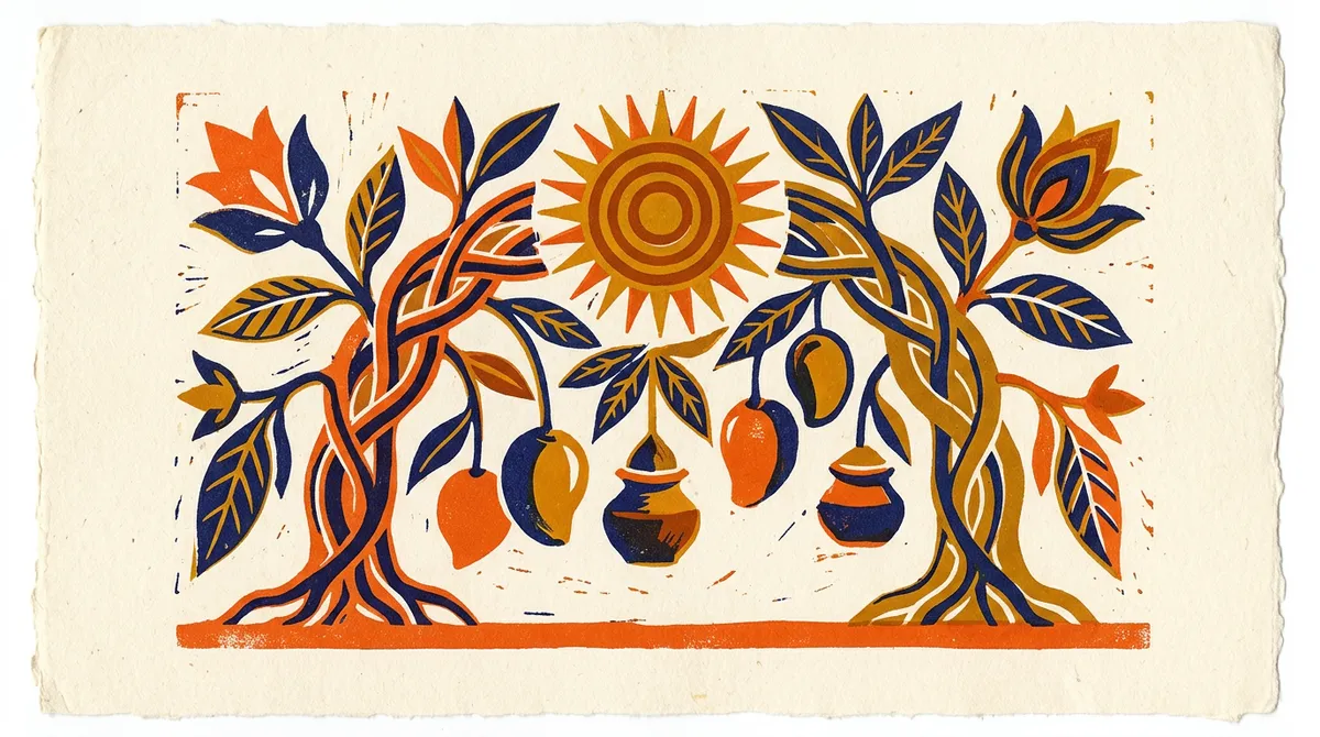 Flat block print illustration representing Vishakha nakshatra symbols