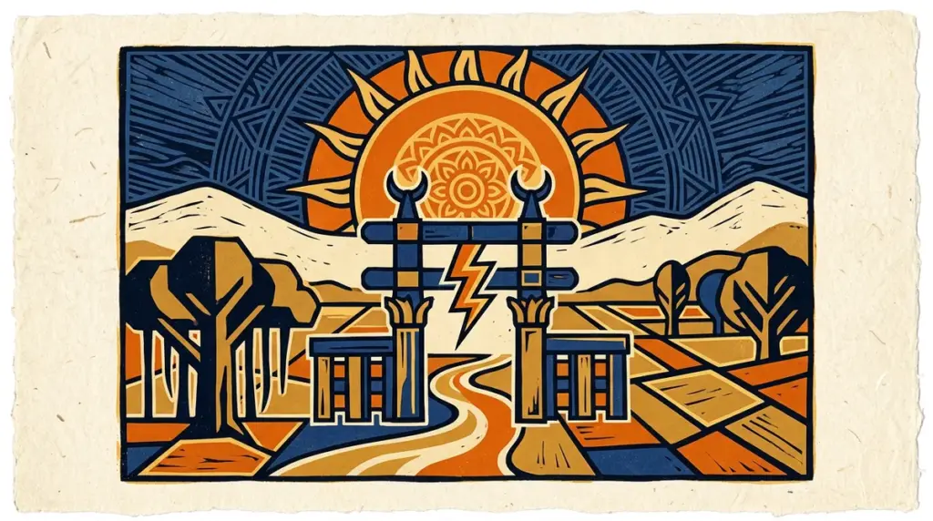 Flat block print illustration representing Vishakha nakshatra symbols