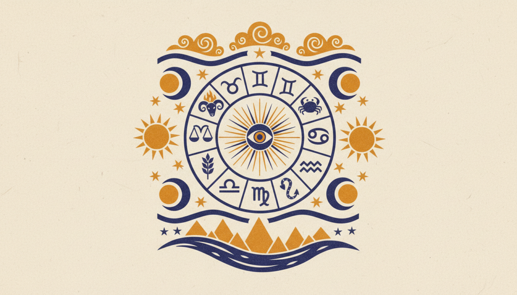 A minimalist, flat block-print illustration showing a stylized sun and crescent moon against a neutral background.