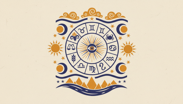 A minimalist, flat block-print illustration showing a stylized sun and crescent moon against a neutral background.