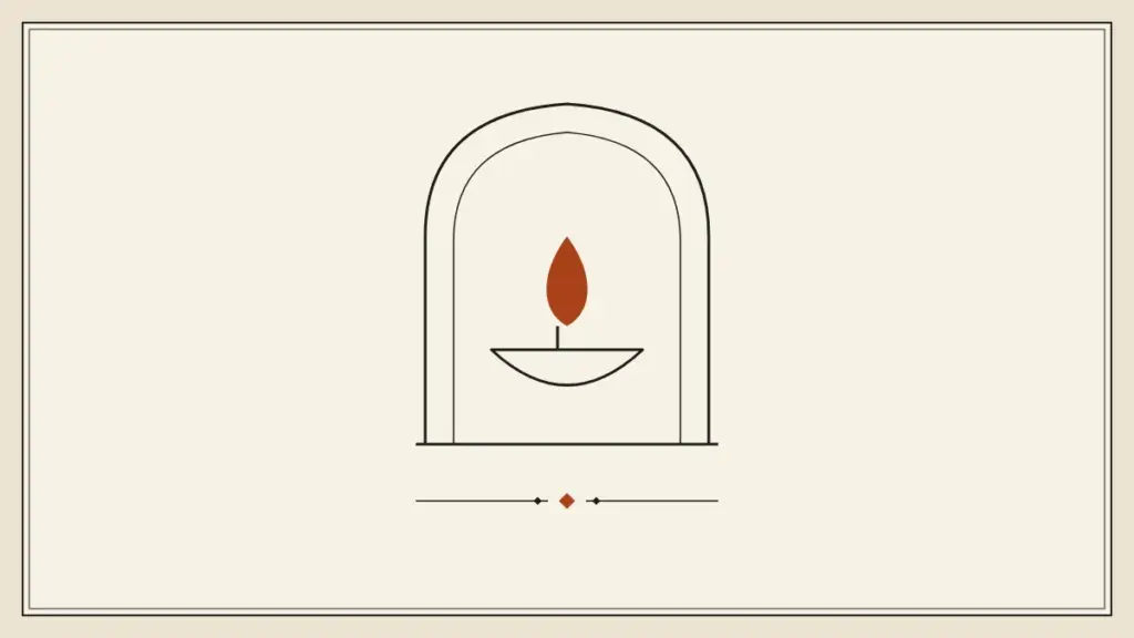 Saffron diya flame burning beneath a double-line ink temple arch