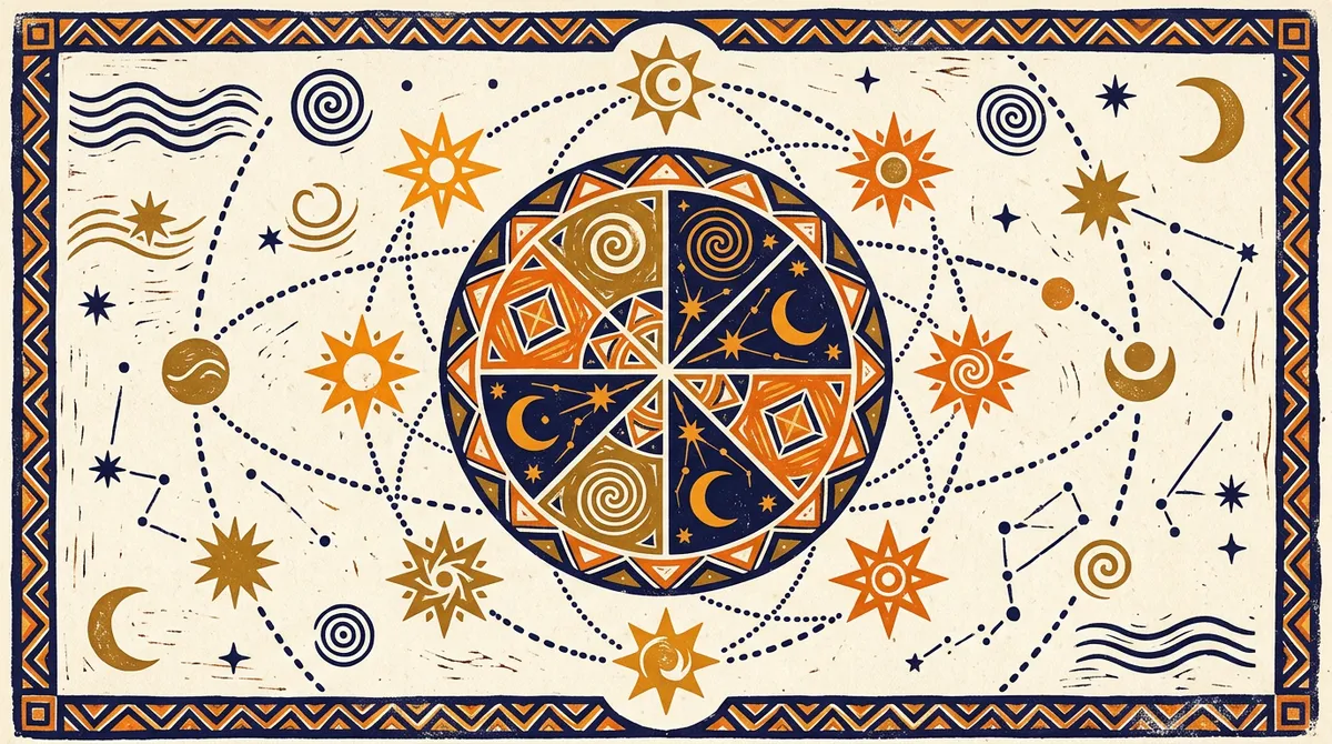 A minimalist block-print style illustration representing the lunar-based Yogini Dasha cycle.