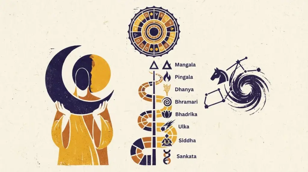 A minimalist block-print style illustration representing the lunar-based Yogini Dasha cycle.